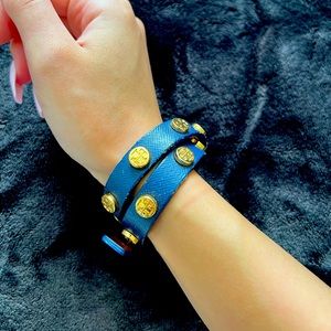 Tory Burch Double Leather Wrap Around Logo Bracelet - Navy and Gold